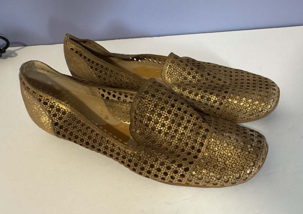 Sesto Meucci Gold Perforated Leather Slip-On Loafers
